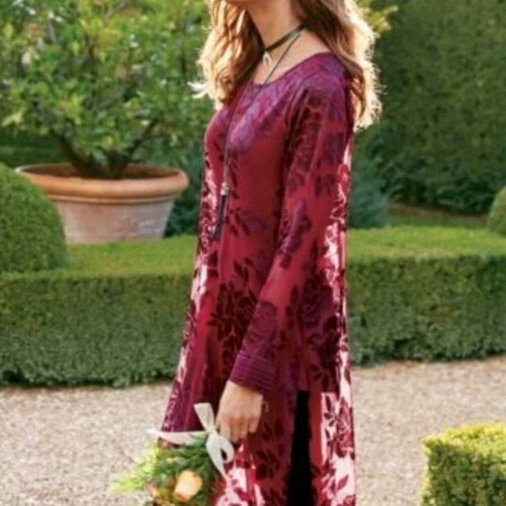 Soft Surroundings Burnout Tunic Womens L Rose Floral Sheer Burgundy Gothic Fairy